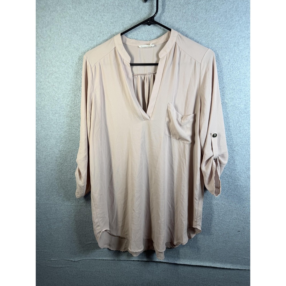 Lush Tunic Top Blouse Womens Large Pink V Neck Roll Tab Sleeve Lightweight